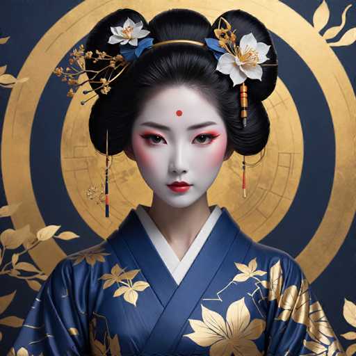 The image shows a woman with black hair wearing traditional Japanese attire and makeup. She is standing against a blue background adorned with gold designs that resemble flowers and leaves. The woman's face features white makeup accentuated by red accents on her cheeks and forehead.