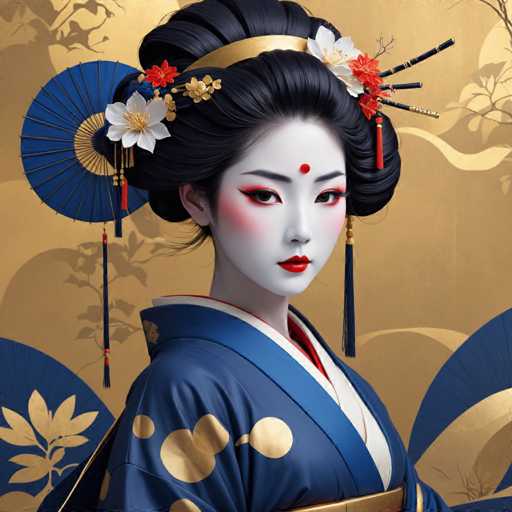 The image shows a close-up portrait of a woman wearing traditional Japanese attire. She is adorned with a blue and gold kimono that features a red dot on her forehead and a white flower in her hair. The woman's face is painted white, accentuating the intricate details of her makeup. A parasol is also present in the background, adding to the overall aesthetic of the scene.