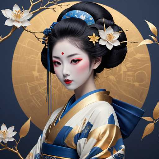 The image depicts a young woman wearing traditional Japanese attire and makeup, including white face paint with red accents on her cheeks and forehead, as well as gold and blue accents on the kimono she is wearing. The background features a circular pattern in gold and white colors, which complements the overall aesthetic of the scene.