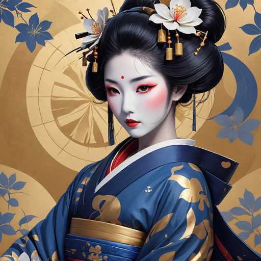 The image shows a woman with black hair wearing traditional Japanese attire and makeup. She is standing against a gold background adorned with blue flowers and leaves. The woman's face features white makeup accentuated by red lipstick, giving her a striking appearance.