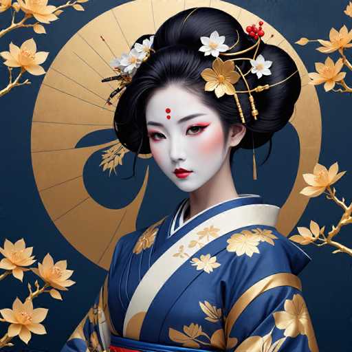 The image depicts a woman wearing traditional Japanese attire, including a blue and white kimono with gold accents. She is adorned with white flowers on her head and face, and the background features a large circle of yellow flowers against a dark blue backdrop. The woman's pose suggests she is in front of a tree or other natural element, adding to the overall aesthetic of the scene.