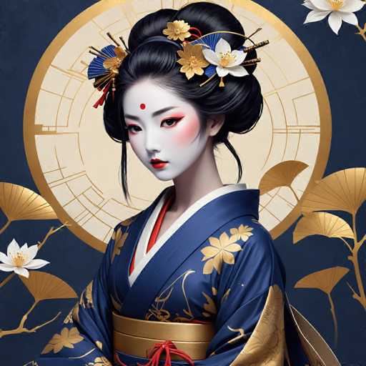 The image depicts a young woman wearing traditional Japanese attire, including a blue and gold kimono with a red sash around her waist. She is adorned with a flower crown on her head and has white makeup accentuating her features. The background features a circular pattern in gold and white colors, surrounded by white flowers that add to the overall aesthetic of the scene.