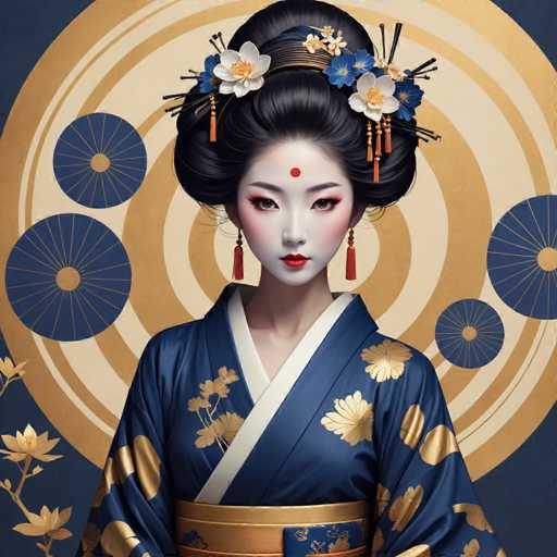 The image shows a woman wearing traditional Japanese attire, specifically a blue and gold kimono with a white collar and sleeves. She is also wearing a large flower headpiece adorned with red flowers on her hair. The background features a circular pattern in shades of blue and gold, which complements the overall color scheme of the outfit.