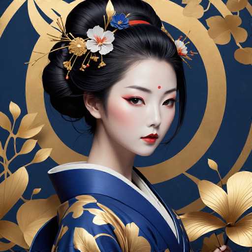 The image shows a woman with black hair wearing traditional Japanese attire and makeup. She is holding a gold fan in her right hand. The background features a blue and gold patterned design that includes flowers and leaves.