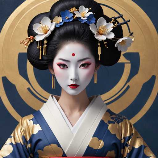 The image shows a woman with black hair wearing traditional Japanese attire and makeup. She is standing against a blue background adorned with gold designs that resemble the iconic Japanese flower arrangement known as "sakura." The woman's face features white makeup accentuated by red lipstick, which complements her blue dress.