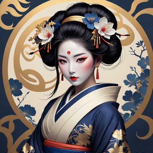 The image depicts a woman wearing traditional Japanese attire, including a blue and gold kimono with a red flower on the shoulder. She is also wearing a white parasol with gold accents and has her hair styled in an elegant updo with two flowers at the ends of her hair. The background features a circular pattern with blue and gold hues, which complements the woman's attire.