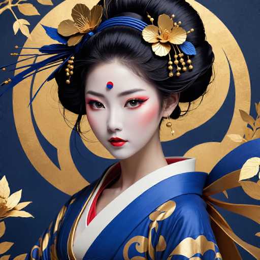 The image shows a woman with black hair wearing traditional Japanese attire and makeup. She is positioned against a blue background adorned with gold flowers and leaves, creating an elegant and sophisticated atmosphere. The woman's face features red lips and eye makeup, adding a pop of color to the scene.