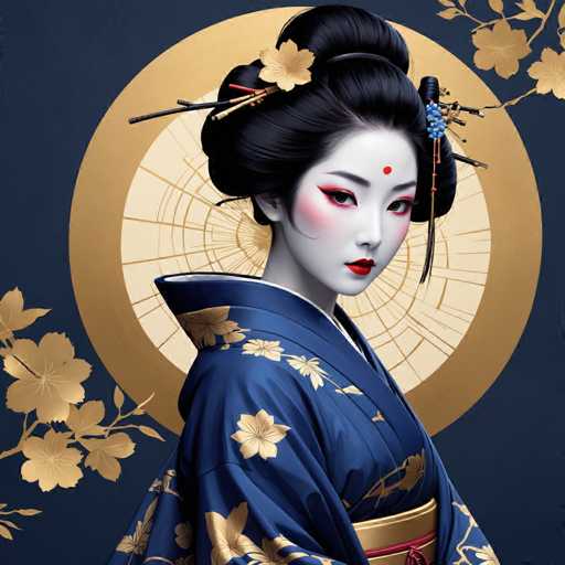 The image depicts a woman wearing traditional Japanese attire, including a blue kimono with gold accents and a matching headpiece adorned with flowers. The background features a circular pattern of gold leaves against a dark blue color, creating a visually striking contrast that highlights the woman's presence in the frame.