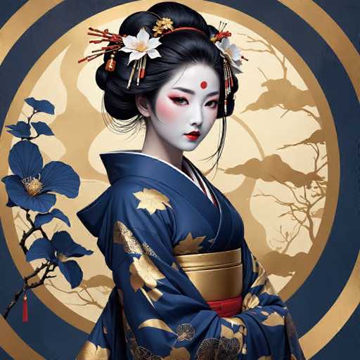 The image depicts a woman wearing traditional Japanese attire, including a blue kimono with gold accents and white flowers adorning her hair. The background features a circular design with gold accents and trees in the distance.