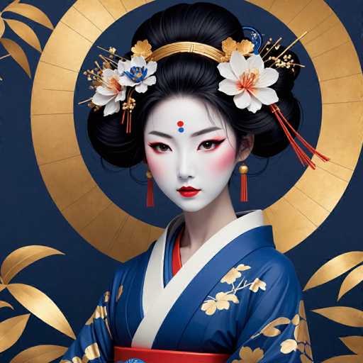 The image depicts a woman wearing traditional Japanese attire, including a blue and white kimono with gold accents and a matching headpiece adorned with white flowers. The background features a circular pattern in gold and red hues, creating a sense of depth and dimension to the scene.