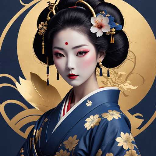 The image shows a woman wearing traditional Japanese attire, specifically a blue kimono with gold accents and a matching headpiece adorned with flowers. The background features a gold circle with a floral design, which complements the overall aesthetic of the scene.