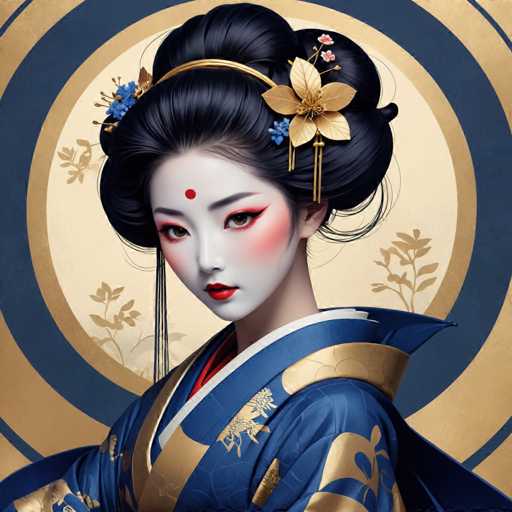 The image depicts a woman wearing traditional Japanese attire, including a blue and gold kimono with a gold sash around her waist. The woman is adorned with a gold headpiece featuring a flower on top of it. She has black hair styled in an updo, and the background features a circular pattern with gold accents.