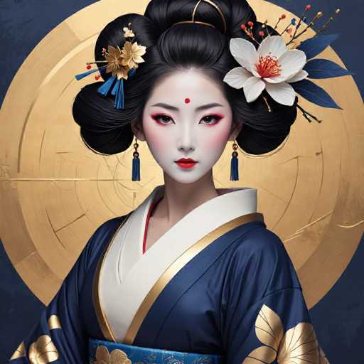The image shows a woman wearing traditional Japanese attire, including a blue and gold kimono with a white collar and gold accents. She is also wearing a flower in her hair and earrings that match the color of the kimono. The background features a circular pattern with gold accents, creating a harmonious and balanced composition.