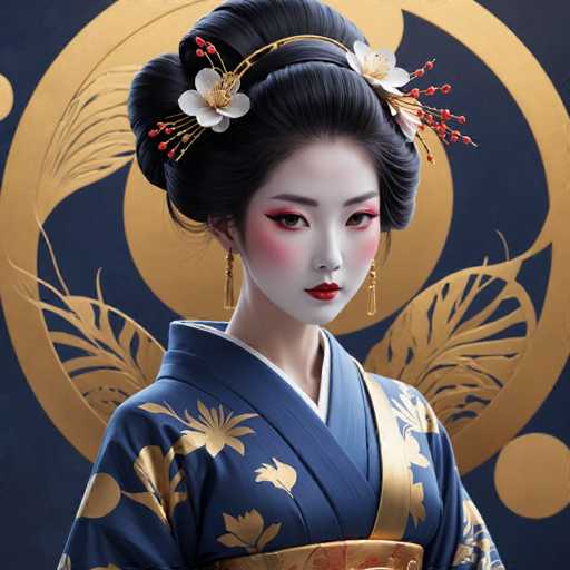 The image shows a woman wearing traditional Japanese attire, specifically a blue kimono with gold accents and white flowers adorning her hair. She is positioned against a backdrop of a circular design in gold and red colors. The woman's face is painted white, accentuating the elegance of her appearance.