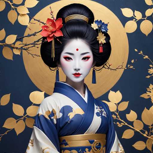The image shows a woman wearing traditional Japanese attire, including a blue and white kimono with gold accents. She is also wearing a red flower in her hair and earrings that match the color of the flower. The background features a large circle with gold leaves surrounding it.