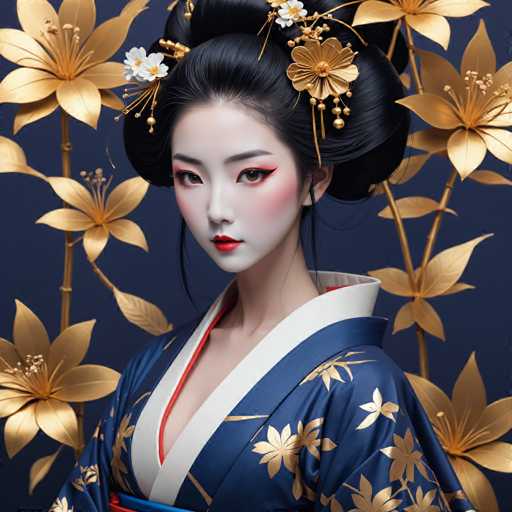 The image shows a woman wearing traditional Japanese attire, specifically a blue kimono with gold accents and white sleeves. She is adorned with gold flowers on her head and face, which are part of the intricate design of the kimono. The background features a dark blue color with gold flowers, creating an elegant and harmonious composition that highlights the woman's beauty and cultural heritage.