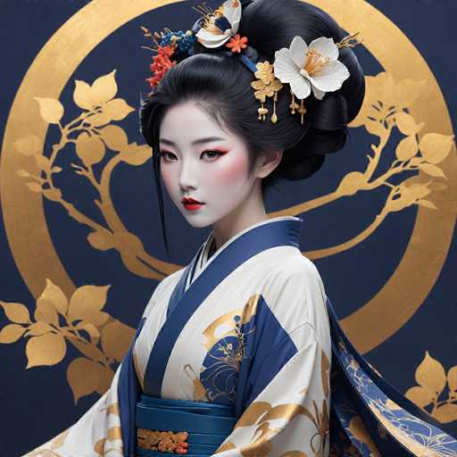 The image shows a young woman wearing traditional Japanese attire, including a blue and white kimono with gold accents. She is also wearing a flower crown on her head, which adds to the elegance of her appearance. The background features a circular design in gold and blue colors, creating a harmonious and balanced composition that highlights the beauty of the woman's attire and the intricate details of the design.
The image does not contain any discernible text or other objects, making it an abstract representation focused on the woman and her surroundings.