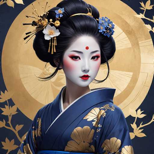 The image shows a woman wearing traditional Japanese attire, specifically a blue kimono with gold accents and a matching headpiece adorned with flowers. The background features a circular pattern of gold leaves against a dark blue color.