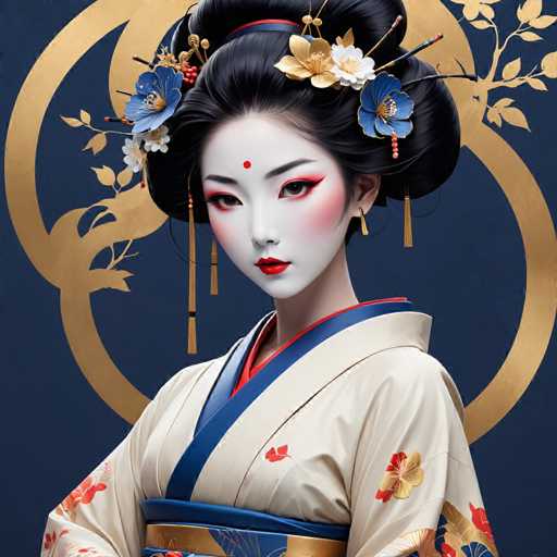The image depicts a woman wearing traditional Japanese attire, including a blue and white kimono with gold accents and a matching headpiece adorned with flowers. The background features a circular design with gold accents that complements the overall color scheme of the outfit.