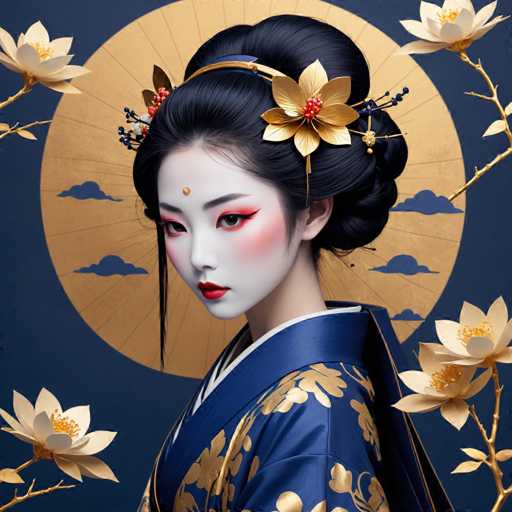 The image depicts a young woman wearing traditional Japanese attire and makeup with gold accents. She is positioned against a backdrop of white flowers and a golden circle, suggesting an oriental theme or cultural context. The woman's face features a striking contrast between her black hair and the gold elements on her head and dress, creating a visually appealing composition that highlights the elegance and beauty of traditional Japanese culture.
The image does not contain any discernible text, but it is clear that the focus is on the woman and her attire, with the white flowers and golden circle serving as decorative elements in the background.