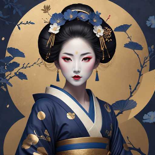 The image depicts a woman wearing traditional Japanese attire, including a blue and gold kimono with a white collar and gold sash. The woman is adorned with a flower crown on her head and has red lipstick applied to her lips. She stands against a backdrop of blue and gold floral designs, suggesting an oriental theme or setting.