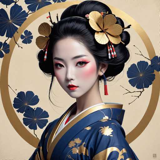 The image depicts a young woman wearing traditional Japanese attire and makeup with gold accents. She is positioned against a circular background adorned with blue flowers and leaves, creating an elegant and harmonious composition. The woman's gaze is directed towards the camera, suggesting she is posing for the photograph.