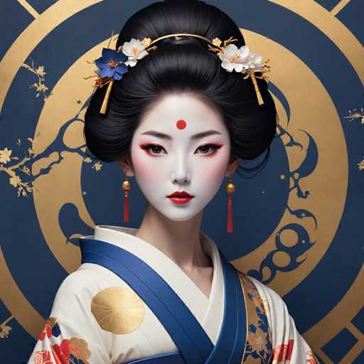 The image shows a woman with black hair wearing traditional Japanese attire and makeup. She is standing against a blue background adorned with gold designs. The woman's face features red lips and eyes, accentuated by white eyeliner and red lipstick.