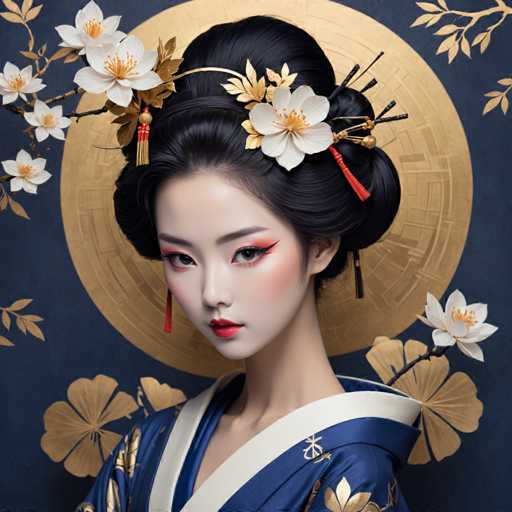 The image shows a young woman with black hair wearing traditional Japanese attire and makeup. She is positioned against a blue background adorned with gold flowers and leaves, creating an elegant and serene atmosphere. The woman's face is the focal point of the image, accentuated by her striking red lipstick and intricate makeup design that includes white flowers on her head.

The woman appears to be in a traditional Japanese setting, possibly at a cultural event or ceremony. Her attire and makeup suggest she may be participating in a traditional Japanese festival or celebration. The gold background with floral accents further emphasizes the theme of tradition and elegance.