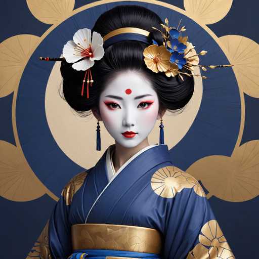 The image shows a woman wearing traditional Japanese attire, including a blue kimono with gold accents and a matching headpiece adorned with white flowers and gold accents. The background features a circular pattern in shades of blue and gold, which complements the overall color scheme of the outfit.