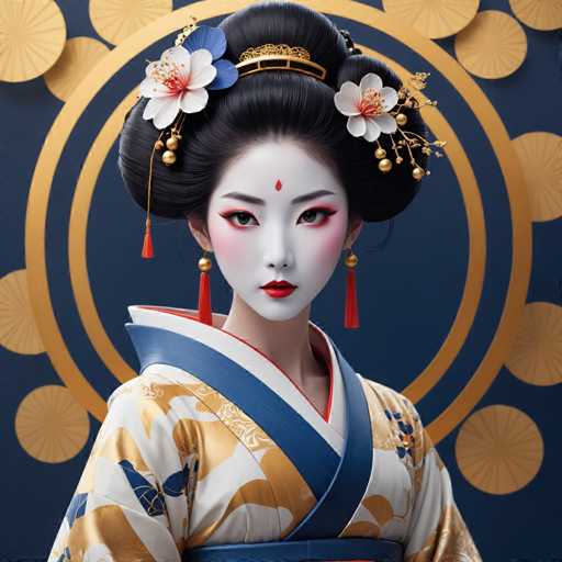 The image shows a woman wearing traditional Japanese attire, including a blue and white kimono with gold accents. She is adorned with intricate floral designs on her hair and face, which include red flowers and gold tiaras. The background features a circular pattern of gold circles against a dark blue backdrop.
