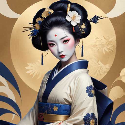 The image depicts a young woman wearing traditional Japanese attire and makeup, including a blue and white kimono with gold accents and a matching headpiece adorned with flowers. The background features a large gold circle with intricate designs, creating an ethereal atmosphere around the subject.