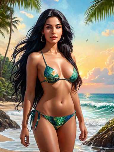 A woman is standing on a beach at sunset, wearing a green bikini and holding a drink. The sky above her is painted with hues of orange and pink, indicating the setting sun. In the background, palm trees sway gently in the breeze, adding to the tropical ambiance.