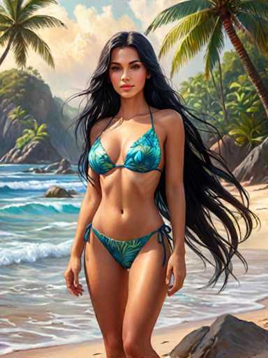 A woman with long dark hair is walking on a beach, wearing a blue bikini top and a green swimsuit that matches the color of the palm trees behind her. The ocean waves crash against the shore in the background, creating a serene atmosphere.