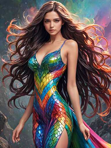 A woman with long brown hair is standing against a backdrop featuring a gradient of colors transitioning from blue at the top to pink and purple at the bottom. She is wearing a dress that has a geometric pattern in shades of green, yellow, orange, red, and blue. The woman's pose suggests she is facing towards the right side of the image.