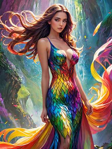 A woman with long brown hair is standing in front of a waterfall and holding a colorful dress that has a rainbow pattern on it. The background features a lush green forest with trees and rocks.