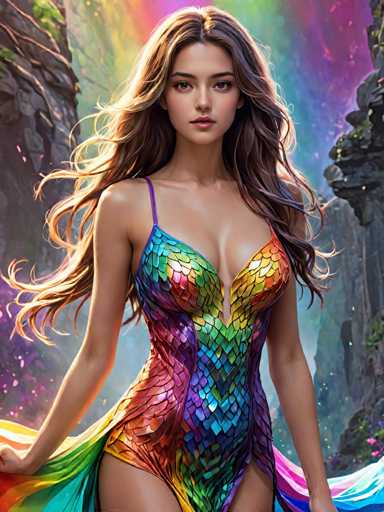A woman with long brown hair is standing against a backdrop of a rainbow-colored mountain range and trees. She is wearing a dress that features a metallic sheen and vibrant colors such as blue, green, yellow, red, and orange. The image does not contain any discernible text or other objects.
