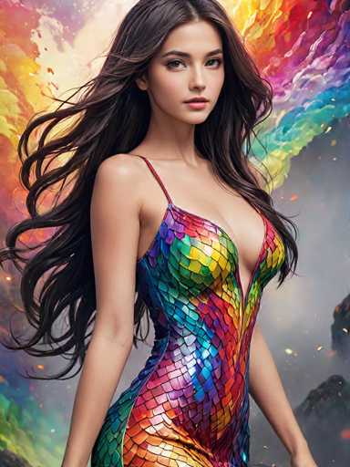 A woman with long brown hair is standing against a backdrop featuring a rainbow-colored sky and mountains. She is wearing a dress that has a metallic sheen and is adorned with a snake pattern on the bodice. The image does not contain any discernible text or other objects, and there are no actions taking place.