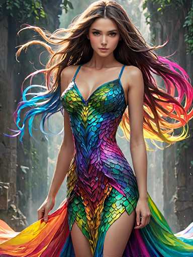 A woman with long brown hair is standing in front of a stone wall and holding a colorful dress that has a geometric pattern of blue, green, yellow, orange, pink, and purple colors.