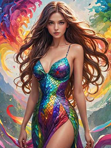 A woman with long brown hair is standing against a colorful abstract background featuring a rainbow and a bird's eye view of the sky. She is wearing a dress that has a geometric pattern in shades of blue, green, red, yellow, and purple.