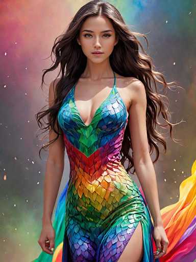 A woman is standing against a backdrop that transitions from pink at the top to blue and purple at the bottom of the image. She is wearing a dress with a vibrant pattern of red, green, yellow, orange, and blue colors. The dress has a halter neckline and a split skirt, adding an element of elegance to her appearance.