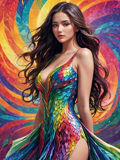 A woman with long brown hair is standing against a vibrant and colorful abstract background featuring swirls of red, yellow, green, blue, and purple hues. She is wearing a dress that has a unique design resembling the scales of a fish or a bird's wings, with a rainbow-colored skirt and a top adorned with a pattern of geometric shapes in various colors.
The woman appears to be posing for the photo, her gaze directed towards the camera.