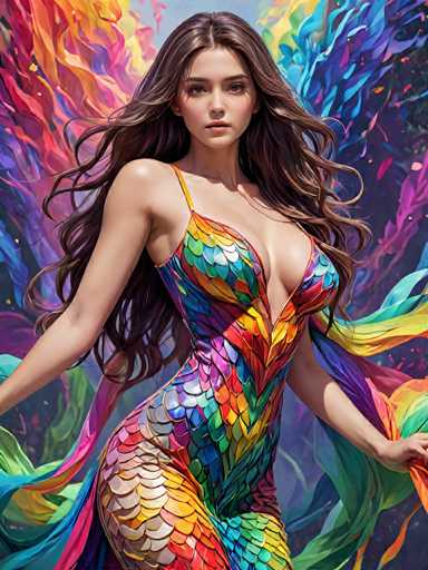 A woman with long brown hair is standing against a backdrop featuring vibrant colors and patterns resembling the scales of a fish or the wings of a bird. The background is a gradient of blue, green, purple, orange, and yellow hues that blend seamlessly into each other, creating an illusion of depth and dimensionality.