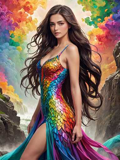 A woman with long brown hair is standing against a backdrop featuring a rainbow and mountains. She is wearing a colorful dress that has a split skirt on the lower half. The image does not contain any discernible text or other objects besides the woman and her surroundings.