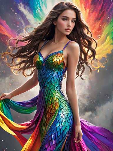 A woman with long brown hair is standing against a backdrop that transitions from black at the top to rainbow colors on the right side of the image. She is wearing a dress with a metallic sheen and a vibrant pattern in shades of blue, green, purple, orange, and yellow. The woman's pose suggests she is posing for the photo, with her left hand resting on her hip and her right hand gently placed on her thigh.