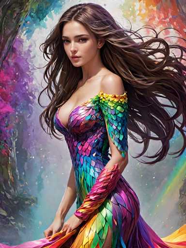 A woman with long brown hair is standing against a backdrop featuring a rainbow and trees. She is wearing a dress that has a geometric pattern of colors including red, orange, yellow, green, blue, purple, and pink. The image does not contain any discernible text or other objects besides the woman's dress and the colorful background elements.