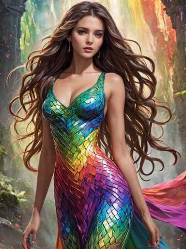 A woman with long brown hair is standing against a backdrop of a rainbow-colored waterfall and trees. She is wearing a dress that features a geometric pattern of colors including blue, green, yellow, orange, pink, and purple. The image does not contain any discernible text or other objects.