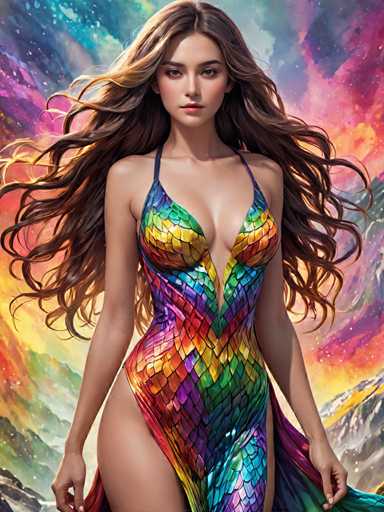A woman with long brown hair is standing against a backdrop featuring a vibrant rainbow and mountains. She is wearing a dress that has a unique design of scales on the bodice and wings on the skirt, creating an interesting visual effect. The colors in her dress are predominantly blue, green, yellow, orange, and red, which complement the colorful sky behind her.
