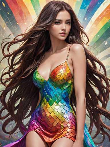 A woman with long brown hair is standing against a colorful abstract background featuring a rainbow pattern and a gradient of colors transitioning from red at the top to blue at the bottom. The woman is wearing a dress that has a geometric design in shades of blue, green, yellow, orange, and pink.