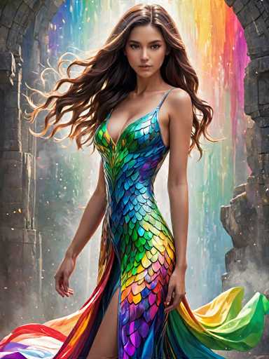 A woman is standing in front of a waterfall with her hair flowing down her back and wearing a colorful dress that features rainbow colors.