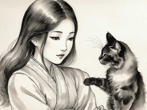 A black and white illustration depicting a young woman wearing traditional Japanese clothing with long hair, holding the paw of a cat that is sitting on her lap.